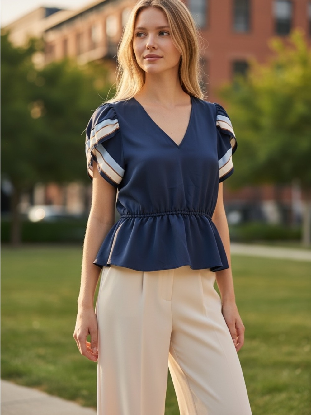 Nine West Navy Flutter Sleeve Blouse
